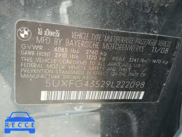 2009 BMW X6 XDRIVE3 5UXFG43529L222098 image 9