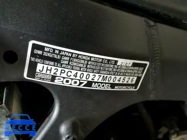 2007 HONDA CBR600 RR JH2PC40027M004526 image 9