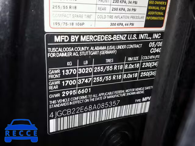2008 MERCEDES-BENZ R 320 CDI 4JGCB22E68A085357 зображення 9