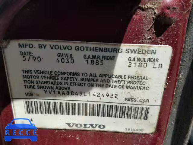 1990 VOLVO 240 BASE YV1AA8845L1424922 зображення 9