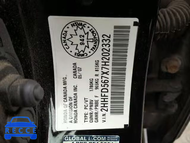 2007 ACURA CSX PREMIU 2HHFD567X7H202332 Bild 9