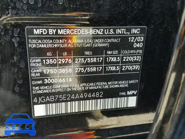 2004 MERCEDES-BENZ ML 500 4JGAB75E24A494482 image 9