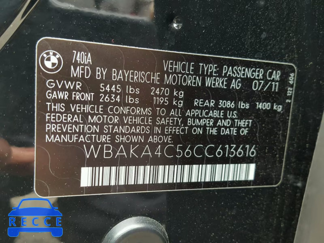 2012 BMW 740 I WBAKA4C56CC613616 image 9