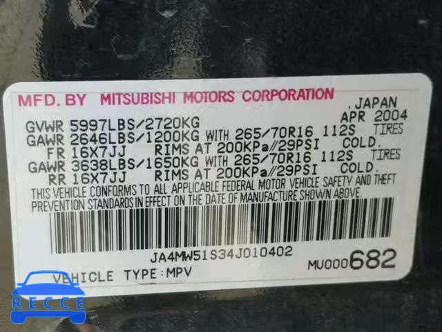 2004 MITSUBISHI MONTERO LI JA4MW51S34J010402 image 9