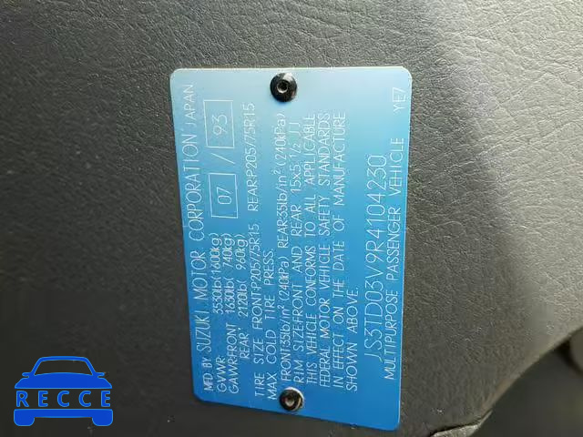 1994 SUZUKI SIDEKICK J JS3TD03V9R4104230 image 9