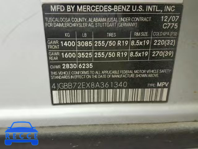 2008 MERCEDES-BENZ ML 550 4JGBB72EX8A361340 Bild 9