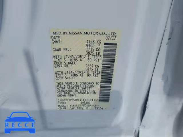 2017 NISSAN NV 1500 S 1N6BF0KY5HN803702 image 9