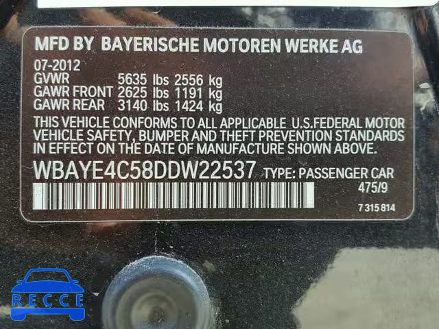 2013 BMW 740 LI WBAYE4C58DDW22537 image 9