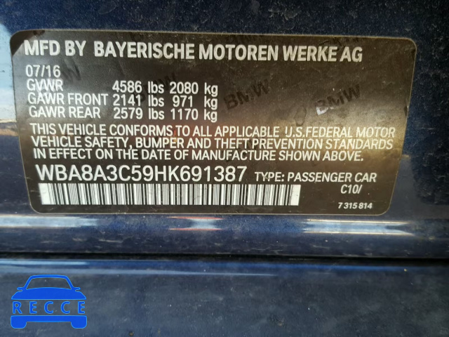2017 BMW 320 XI WBA8A3C59HK691387 зображення 9