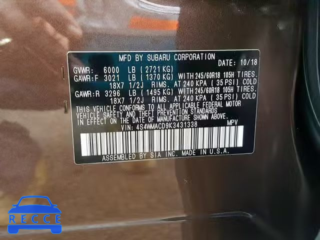 2019 SUBARU ASCENT PRE 4S4WMACD9K3431338 зображення 9