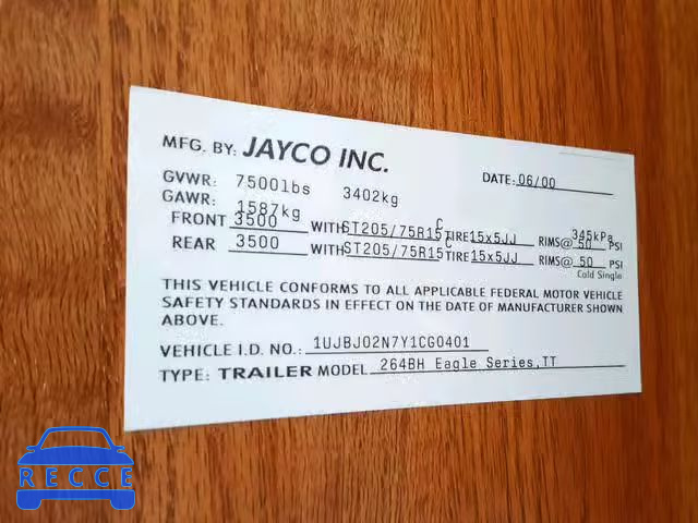 2001 JAYCO EAGLE 1UJBJ02N7Y1CG0401 зображення 9