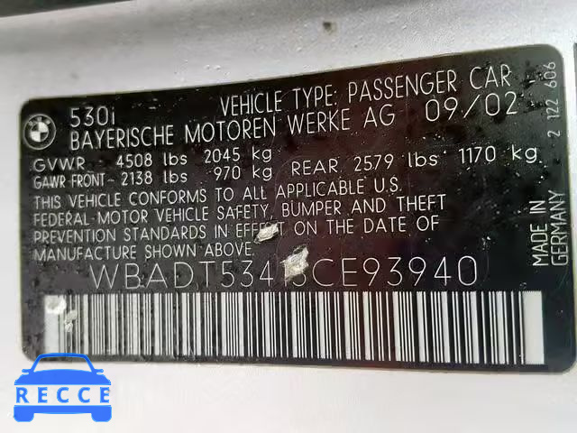 2003 BMW 530 I WBADT53413CE93940 image 9