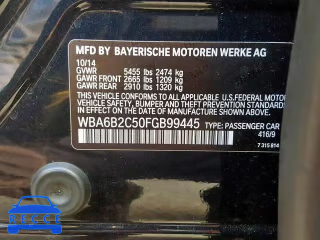 2015 BMW 650 I WBA6B2C50FGB99445 зображення 9