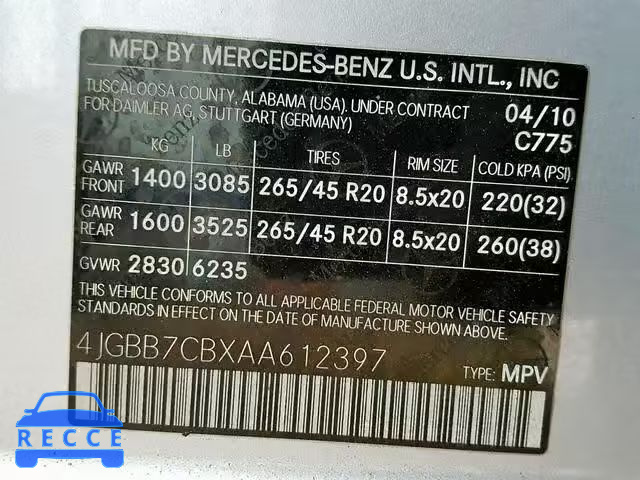 2010 MERCEDES-BENZ ML 550 4MA 4JGBB7CBXAA612397 Bild 9