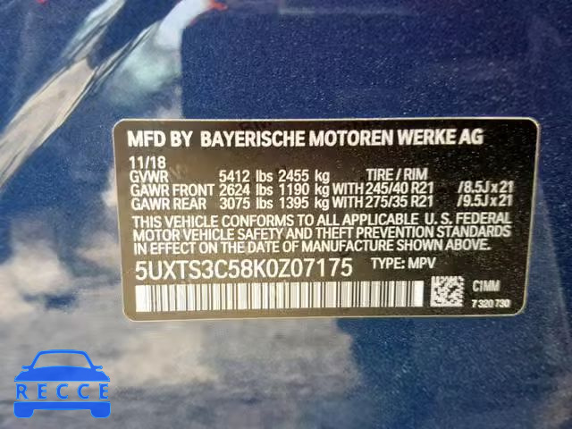 2019 BMW X3 XDRIVEM 5UXTS3C58K0Z07175 image 9