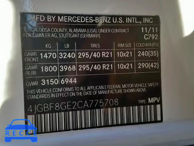 2012 MERCEDES-BENZ GL 550 4MA 4JGBF8GE2CA775708 image 9