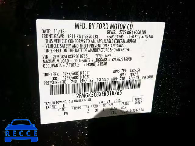 2014 FORD FLEX SEL 2FMGK5C8XEBD18765 зображення 9