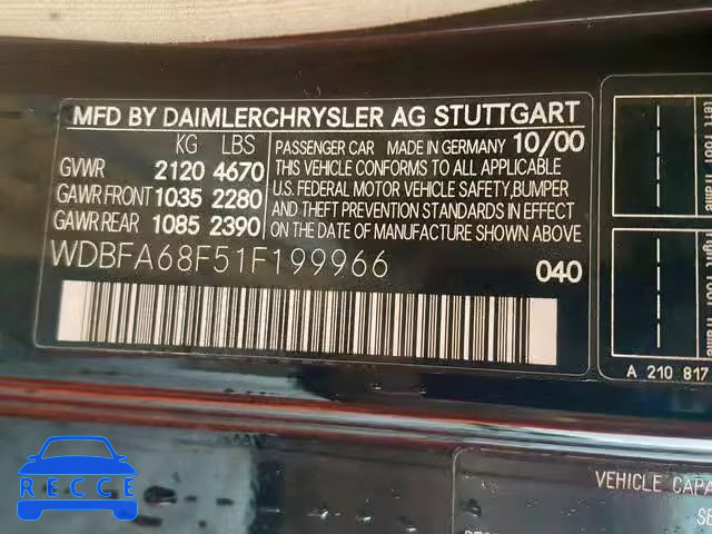2001 MERCEDES-BENZ SL 500 WDBFA68F51F199966 зображення 9