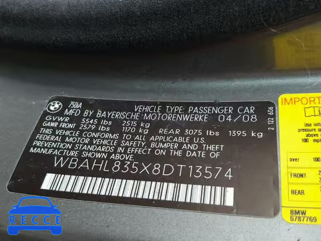 2008 BMW 750 I WBAHL835X8DT13574 image 9