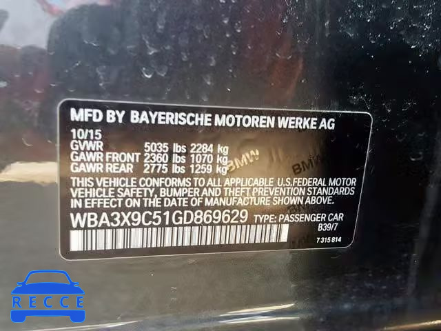 2016 BMW 335 XIGT WBA3X9C51GD869629 зображення 9