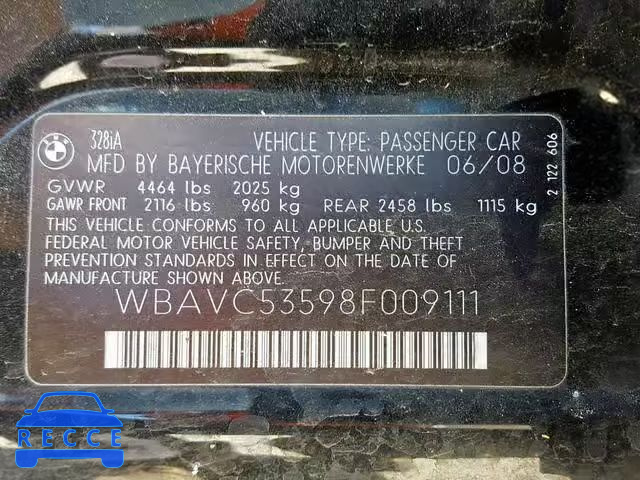 2008 BMW 328 I SULE WBAVC53598F009111 image 9