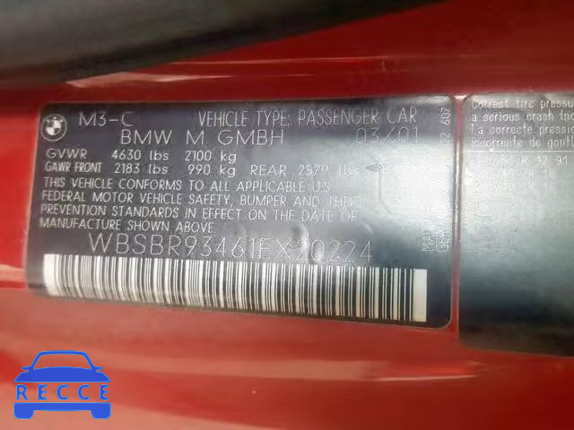 2001 BMW M3 CI WBSBR93461EX20224 зображення 9