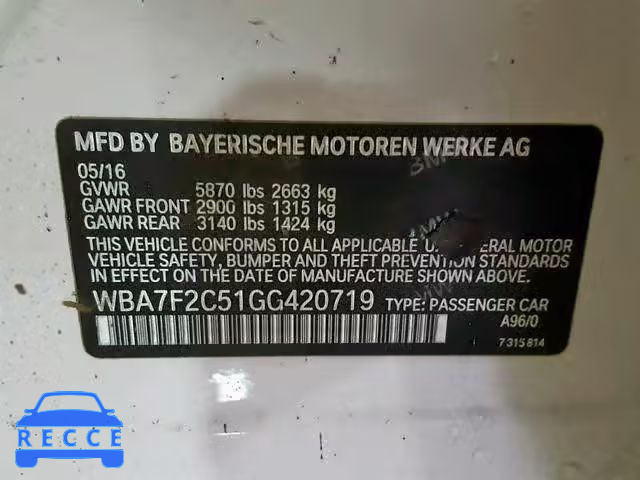 2016 BMW 750 XI WBA7F2C51GG420719 зображення 9
