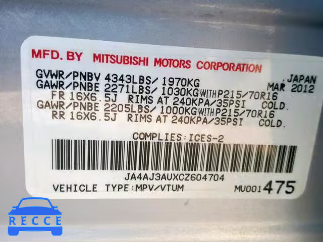 2012 MITSUBISHI RVR SE JA4AJ3AUXCZ604704 Bild 9