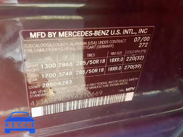2000 MERCEDES-BENZ ML 55 4JGAB74E3YA210669 зображення 9