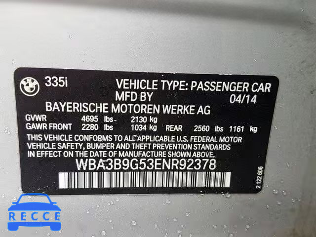 2014 BMW 335 XI WBA3B9G53ENR92378 зображення 9