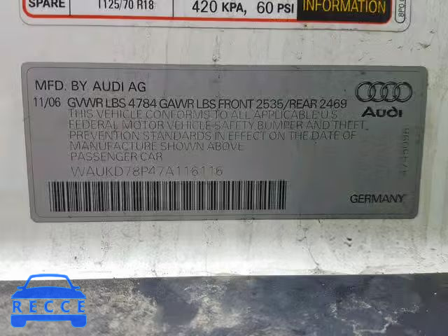 2007 AUDI A3 S-LINE WAUKD78P47A116116 image 9