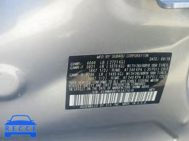 2019 SUBARU ASCENT PRE 4S4WMABD7K3421618 image 9