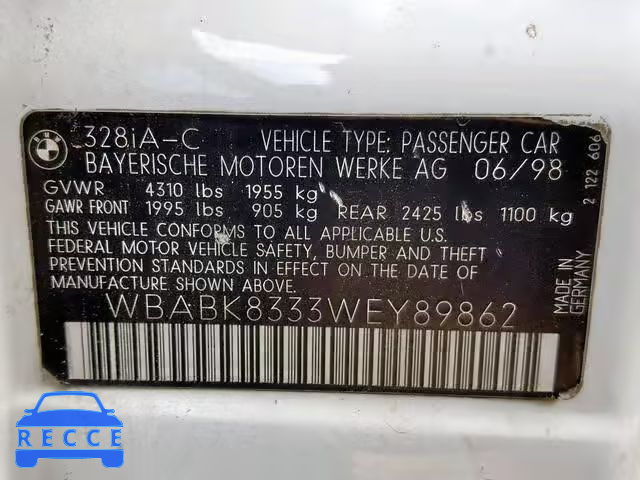 1998 BMW 328 IC AUT WBABK8333WEY89862 Bild 9