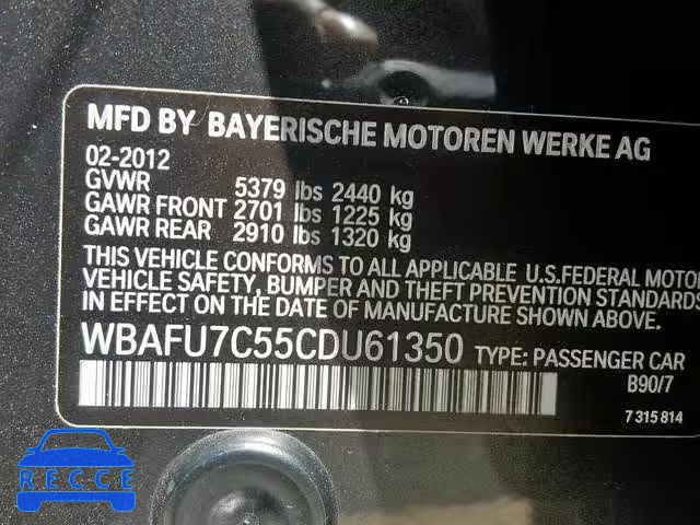 2012 BMW 535 XI WBAFU7C55CDU61350 зображення 9