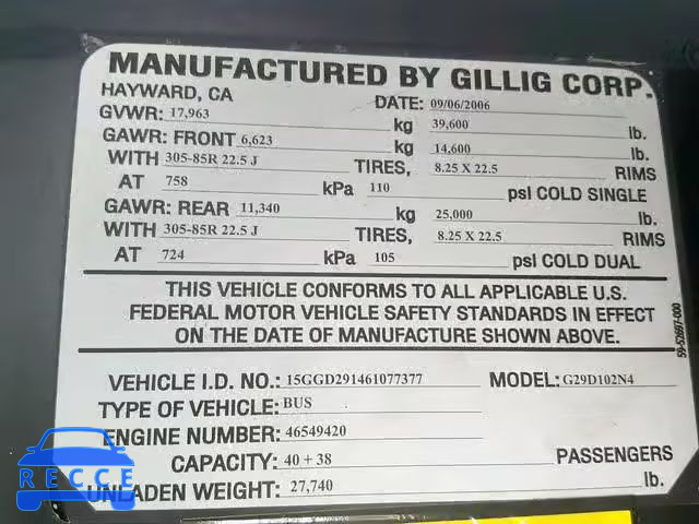 2006 GILLIG TRANSIT BU 15GGD291461077377 Bild 9