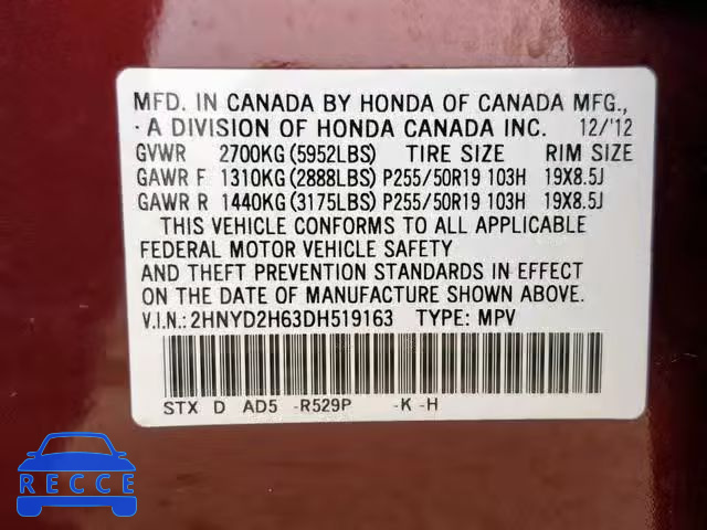 2013 ACURA MDX ADVANC 2HNYD2H63DH519163 image 9