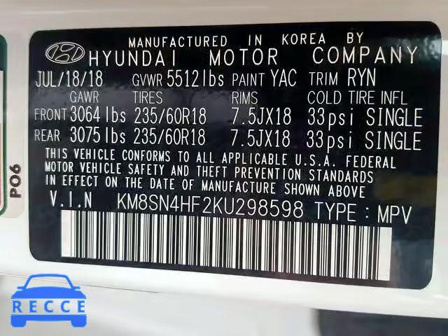 2019 HYUNDAI SANTA FE X KM8SN4HF2KU298598 image 9