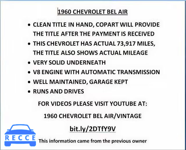 1960 CHEVROLET BEL AIR 01511T211861 image 8