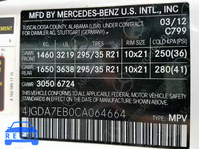 2012 MERCEDES-BENZ ML 63 AMG 4JGDA7EB0CA064664 Bild 9