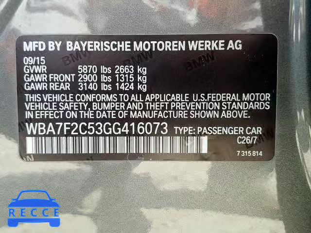 2016 BMW 750 XI WBA7F2C53GG416073 зображення 9