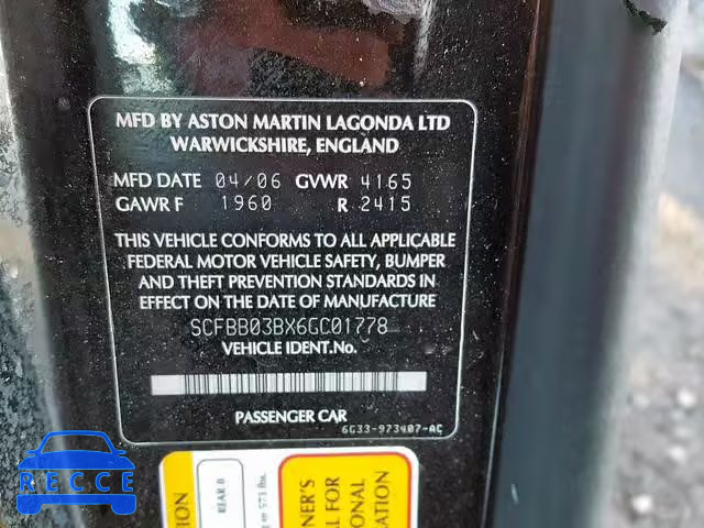 2006 ASTON MARTIN V8 VANTAGE SCFBB03BX6GC01778 image 9
