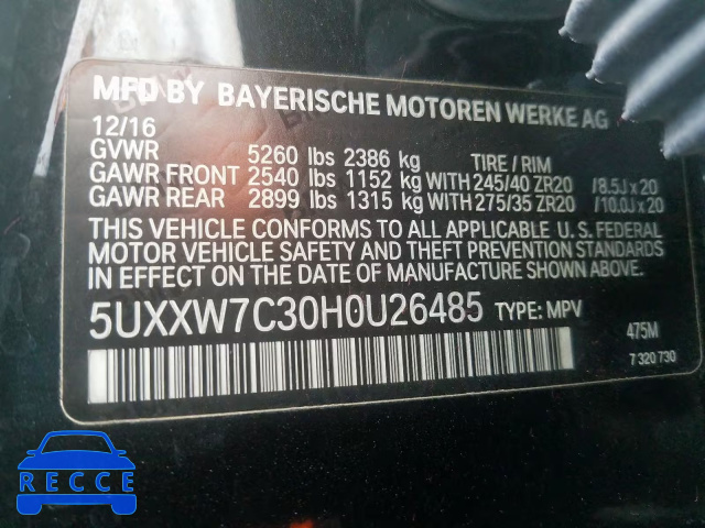 2017 BMW X4 XDRIVEM 5UXXW7C30H0U26485 зображення 9
