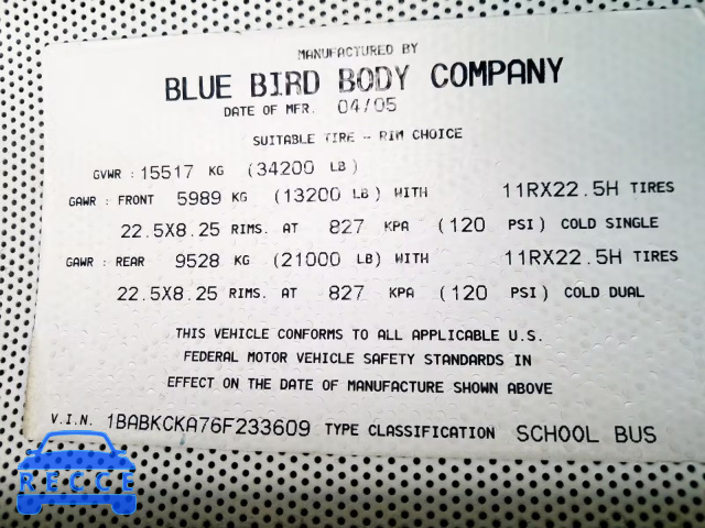 2006 BLUE BIRD SCHOOL BUS 1BABKCKA76F233609 зображення 9