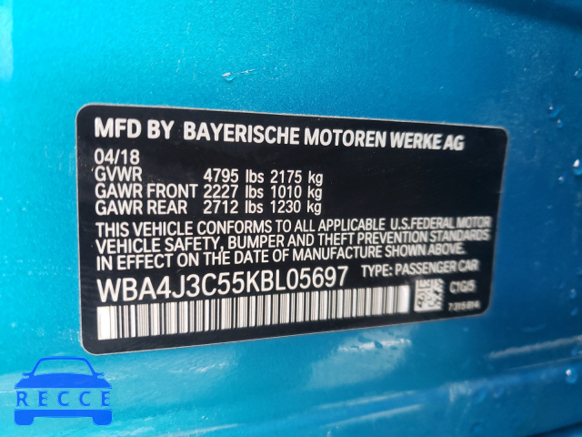 2019 BMW 430XI GRAN WBA4J3C55KBL05697 зображення 9