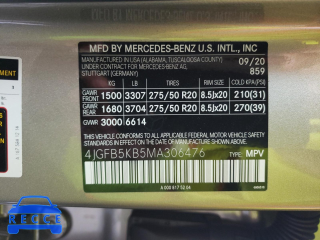 2021 MERCEDES-BENZ GLE 450 4M 4JGFB5KB5MA306476 image 9