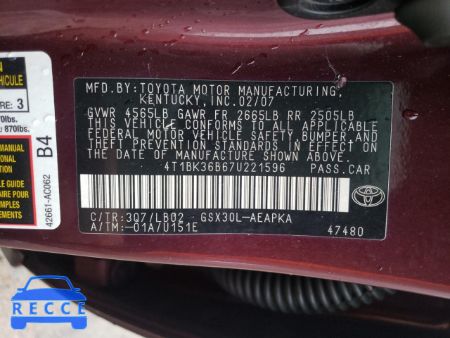 2007 TOYOTA AVALON LIM 4T1BK36B67U221596 Bild 9