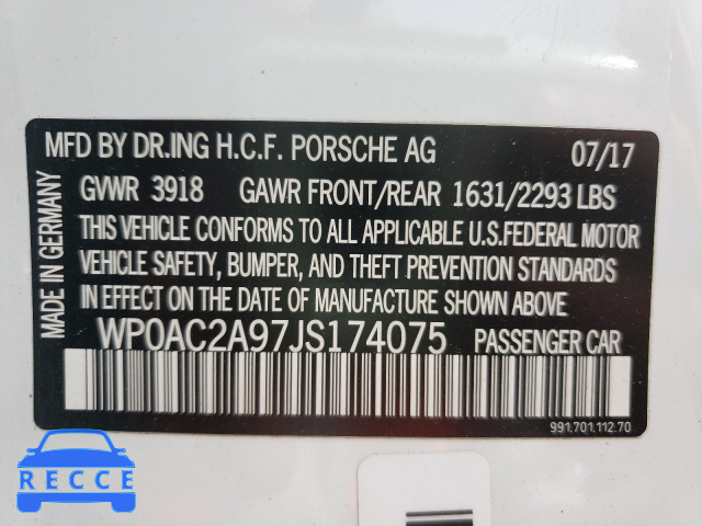 2018 PORSCHE 911 GT3 WP0AC2A97JS174075 зображення 9
