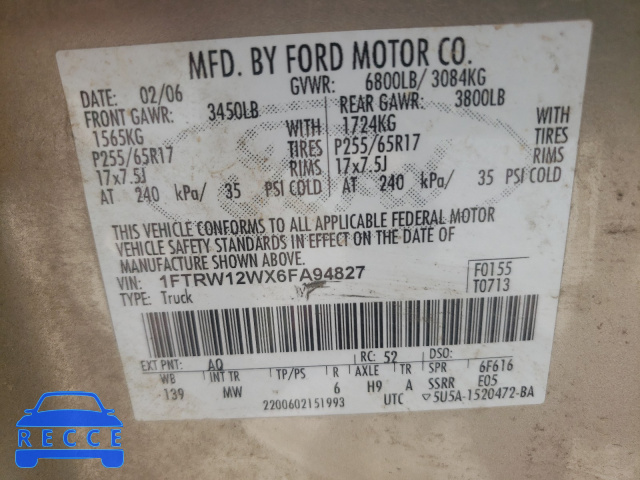 2006 FORD F150 CREW 1FTRW12WX6FA94827 image 9