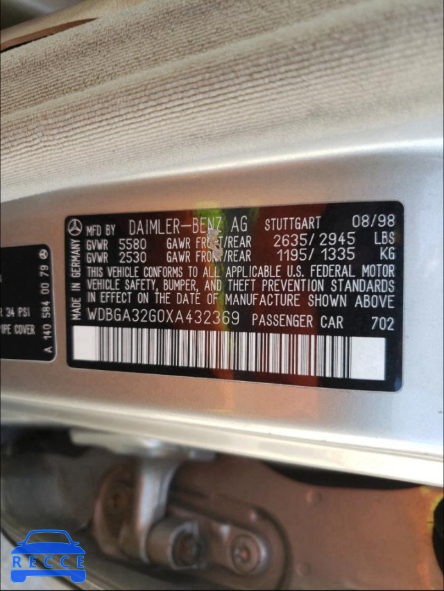 1999 MERCEDES-BENZ S 320W WDBGA32G0XA432369 зображення 9