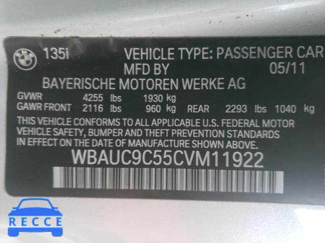 2012 BMW 135I WBAUC9C55CVM11922 image 9